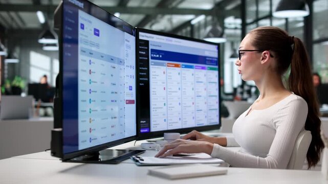 Procurement Manager Carefully Reviews Software Data On Desktop