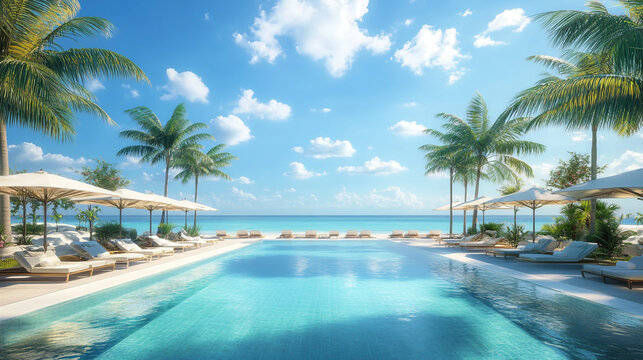 Tropical resort swimming pool surrounded by palm trees and lounge chairs under blue sky with luxury hotel vacation destination summer holiday