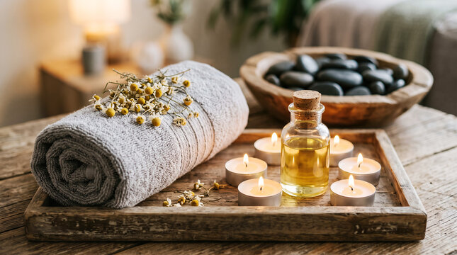 Rolled gray towel with dried chamomile flowers, essential oil bottle, and lit tea lights on wooden tray