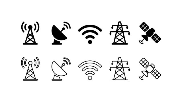 Telecommunication and Network Infrastructure Icon Set in Silhouette and Outline Style