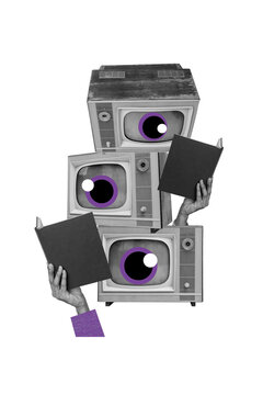 Art image vertical photo collage of hands peek tv monitor pc hacking hold book reader eyeball stare third all-seeing supervision