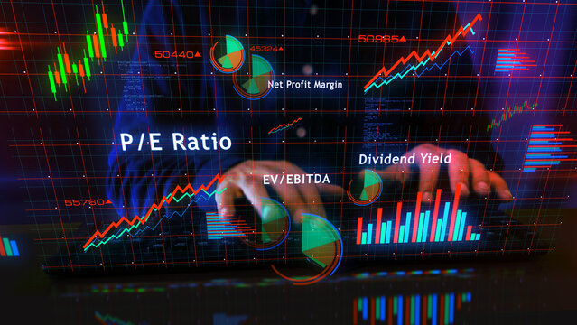 Stock market indices charts graphs display with man typing keyboard