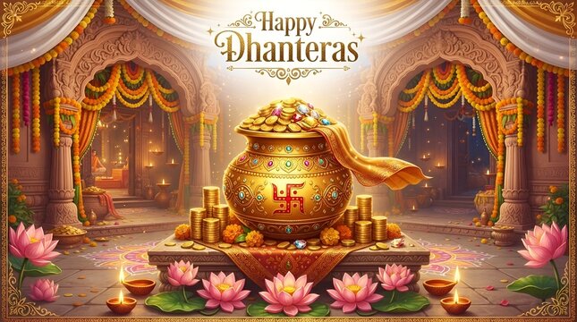 Happy dhanteras celebration with golden pot, coins, and diya lamps