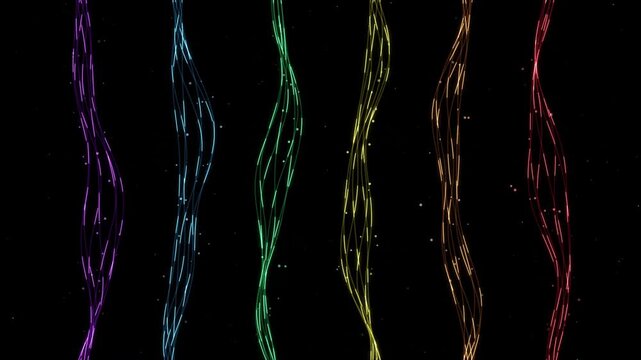 Abstract flowing light streaks in vibrant rainbow colors with sparkling particles on a dark