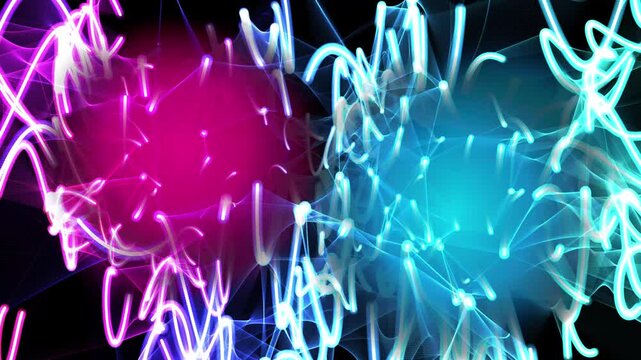 Abstract glowing energy waves in vibrant pink and cyan swirling patterns with interconnected