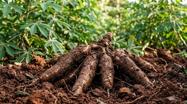 Freshly harvested brown cassava roots lying on the dark soil in an organic farm during the daytime