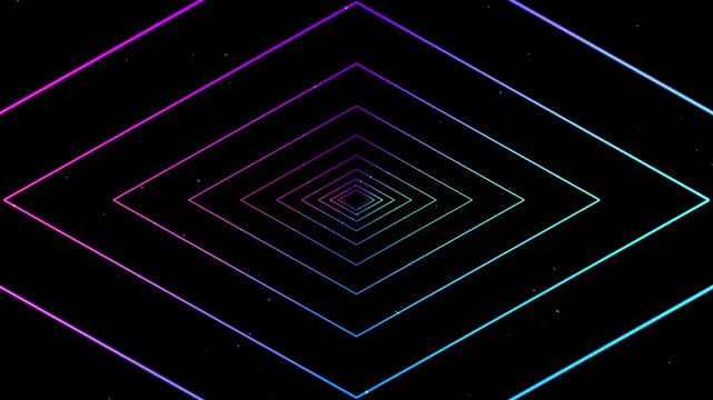 Hypnotic neon diamond tunnel abstract background with glowing geometric shapes and shimmering