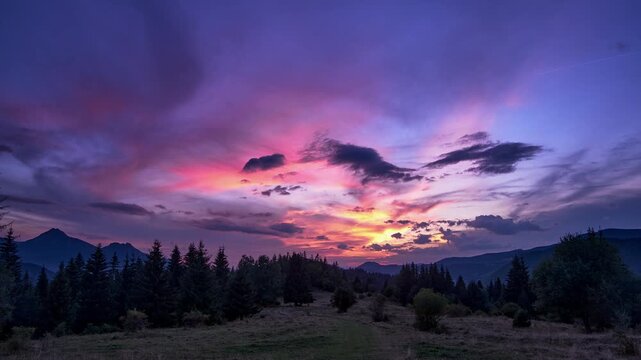 Sunset Timelapse Over Mountain Forest Landscape