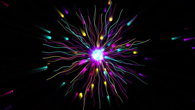 Vibrant abstract explosion of colorful glowing particles and light streaks emanating from a