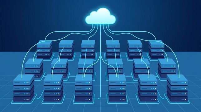 Conceptual illustration of cloud computing network with multiple connected servers.