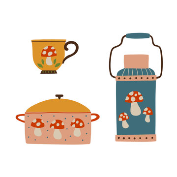 Colorful kitchenware set with yellow mushroom cup, pink cooking pot and blue thermos decorated with red amanita mushrooms. Hand drawn tableware illustrations isolated on white background.