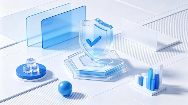 Transparent blue glass shield with blue check mark on hexagonal podium with geometric elements, cyber security data protection and insurance business technology concept