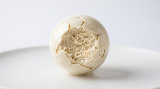 Cracked white egg shell with textured surface on white background. Close-up food photography