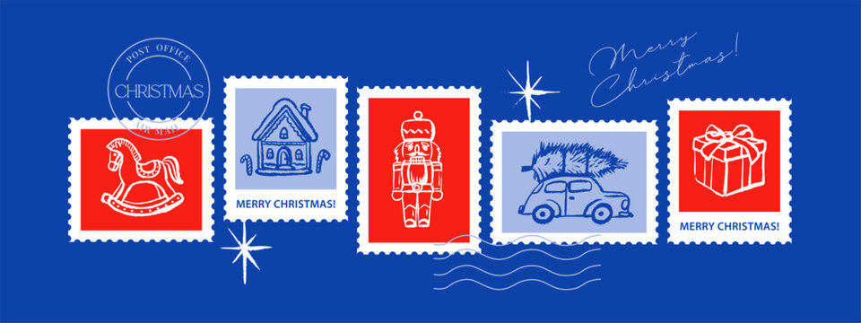 Christmas postage stamp collage set, vintage hand drawn holiday icons. Greeting card, postcard, banner. Sketch crayon doodle vector illustration.