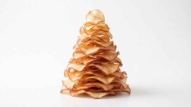 Stacked potato chips arranged in a triangular Christmas tree shape. Crispy snack food artfully composed for holiday-themed advertising and food photography