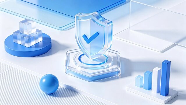 Transparent blue glass shield with blue check mark on hexagonal podium with growth bar graph and geometric elements, cyber security data protection business technology concept