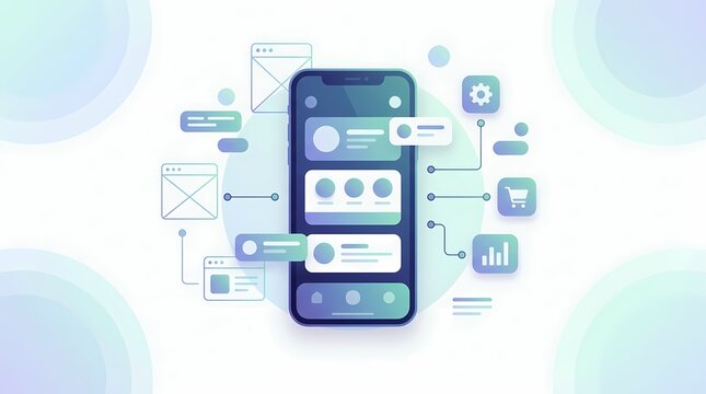 Mobile application interface design with interconnected digital elements and data flow.