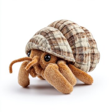 Sparkly Brown Textured Hermit Crab Plush Toy With Plaid Shell Isolated On White Background