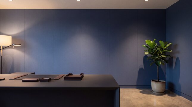 Modern luxury executive office desk with navy blue panel wall copy space fiddle leaf fig potted plant floor lamp leather desk organizer and polished concrete floor corporate interior logo mockup