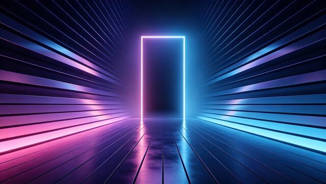 Empty rectangular glowing neon door frame in dark corridor with pink and blue gradient glowing lines, futuristic technology and new opportunity concept