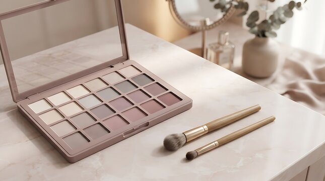 Neutral eyeshadow palette with makeup brushes on a stylish vanity surface