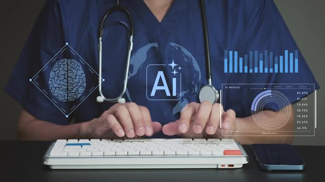 Focused doctor typing on keyboard with stethoscope using modern medical technology for ai clinical analytics in hospital research unit
