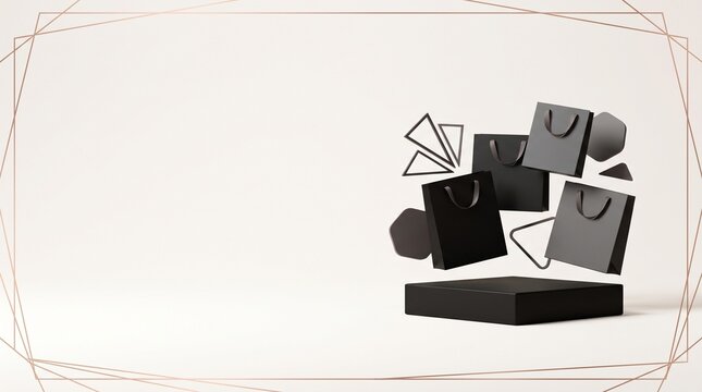 Black Friday Shopping Bags Floating Above Product Podium with Copy Space
