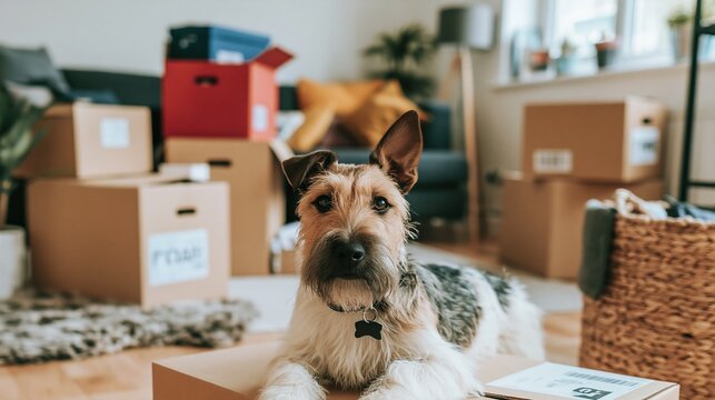 Cute wire fox terrier dog resting on moving boxes in a new home, surrounded by packing supplies.