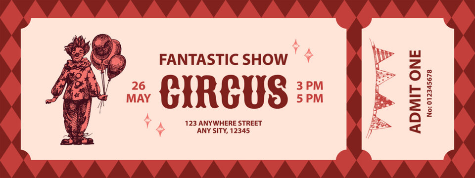 Hand drawn circus show ticket design. Retro rhombus background. Vintage sketch diamond pattern, vector illustration.. Carnival and amusement background