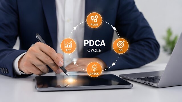 A professional business person using modern digital technology to manage a pdca cycle for continuous improvement and quality management success