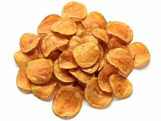 Fototapeta premium Pile of crispy potato chips isolated on white background, salty snack food top view.