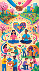 Fototapeta premium Diverse people volunteering and sharing kindness in colorful community illustration