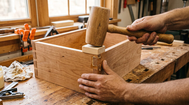 Carpenter assembling wooden drawer box on workbench in workshop, joinery and handmade furniture craftsmanship 