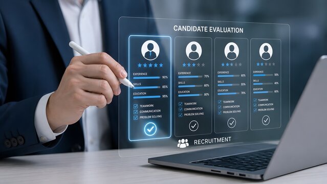 A professional manager using advanced digital technology to analyze candidate resumes and recruit top talent for a corporate business team