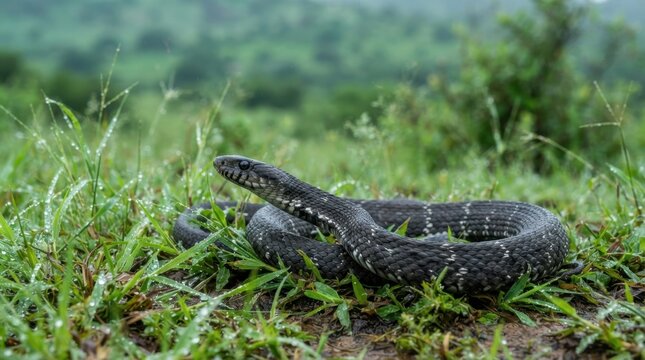 Black Snake on Damp Grass: A striking black snake with patterned scales coils on lush, dew-covered grass, its head raised alertly amidst a misty, green natural landscape.