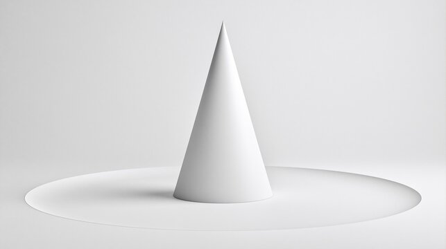 Single clean solid white cone shape standing on circular shadowed area on plain white background, minimalist abstract geometric 3d design art concept
