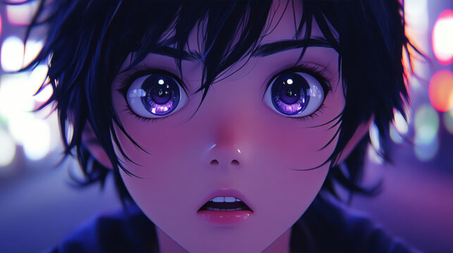 This is a 3D rendered close-up portrait in the style of Japanese anime. The image shows a boy with short black hair, large and bright purple eyes, and a slightly surprised expression. 