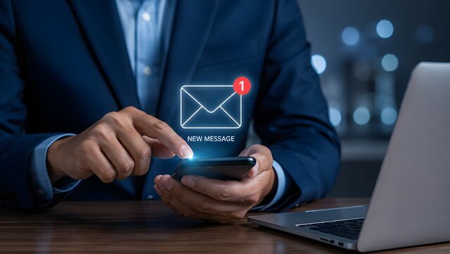 A professional businessman using modern mobile technology to check incoming email notifications on his smartphone in a dark office
