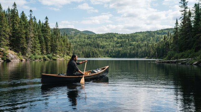Serene Canoe Journey: A lone adventurer paddles a canoe across a calm lake, surrounded by a dense, majestic forest. The serene landscape evokes a sense of peace and connection with nature.