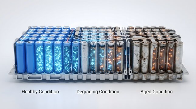 Electric vehicle battery degradation stages displaying healthy degrading and aged cell conditions.