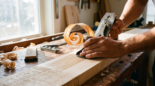 Carpenter using hand plane on wooden board in workshop, curled shavings and traditional woodworking craft 