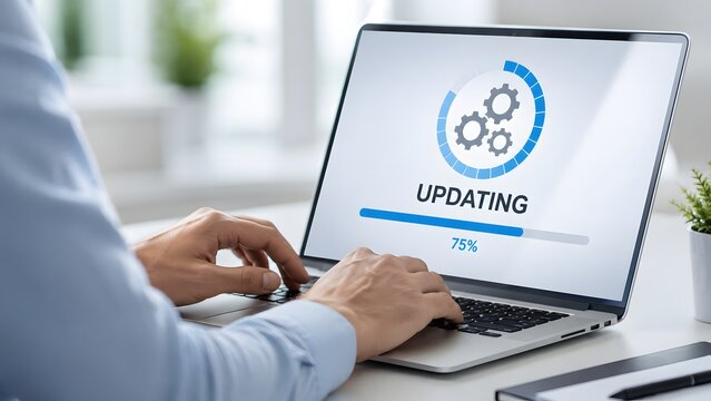 A professional person working on a modern laptop computer displaying an updating system process for advanced digital information technology software