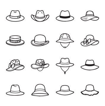Collection of diverse hats in simple line art style for fashion concepts