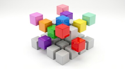 Obraz premium Colorful 3D cubes floating above a grey grid representing innovation and data structure