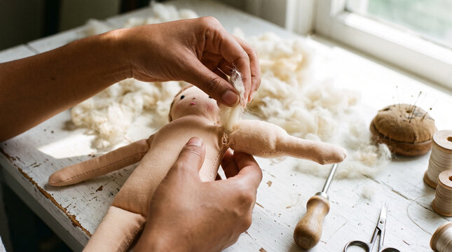 Hands stuffing cloth doll with wool by window, handmade toy crafting and artisan sewing process 