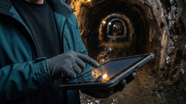 underground mining inspection and geological data logging. engineer using rugged digital tablet in dark tunnel. geotechnical monitoring and subterranean surveying.

