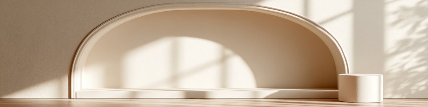 Elegant product showcase featuring a soft beige plaster backdrop illuminated by natural sunlight for high end skincare presentation