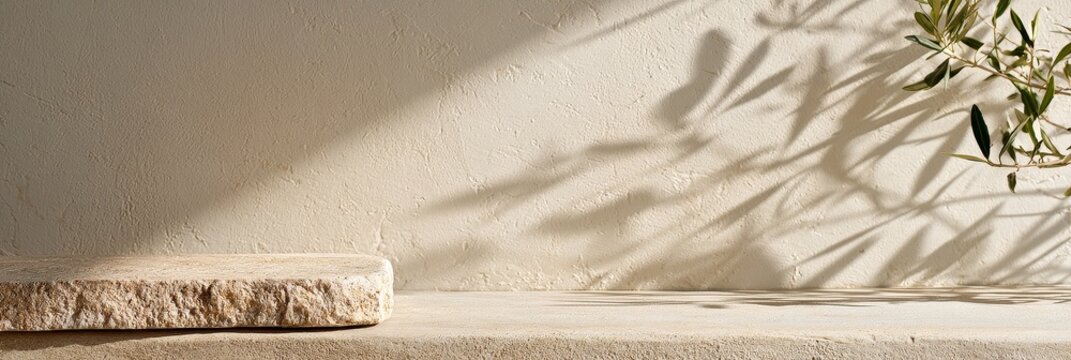 Minimalist product display with beige plaster background and natural light showcasing luxury skincare mockup