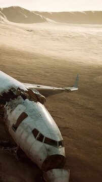 An airplane wreck is resting on dry ground in a desert. The sky has a warm color as the sun sets. The aircraft shows signs of aging and decay. Dust covers the area around it.