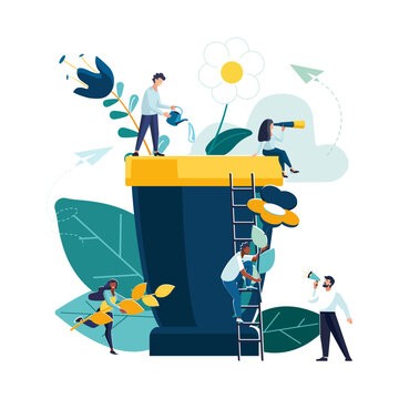 Ethnic people in pot growing different flowers Guy with watering can. Gardeners taking care of garden, studying plants in nature, clean ecology garden, background, business startup Vector illustration